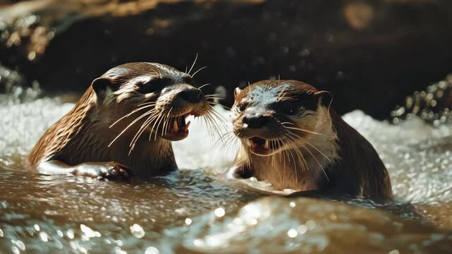 Two playful otters frolicking in a river. Natural and fun scene capturing the joy of wildlife.
