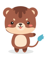 Naklejka premium Cartoonish brown bear with a blue tail standing upright and smiling sweetly.