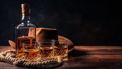 Whiskey Bottle and Glasses with Cowboy Hat, Lasso, and Gloves on Wooden Table – Rustic Western Still Life against Black Background