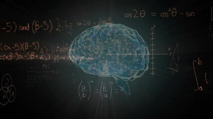 Brain materializing, rotating and drifting while formulas shifting and illustrating math concepts - Powered by Adobe