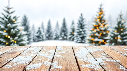Wooden tabletop covered with snow against a blurry backdrop of snowy christmas trees