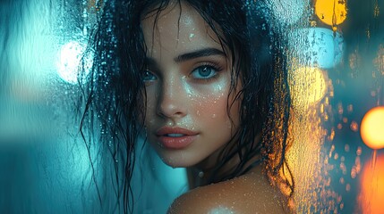Wet Woman's Close-Up, City Lights Background, Shower