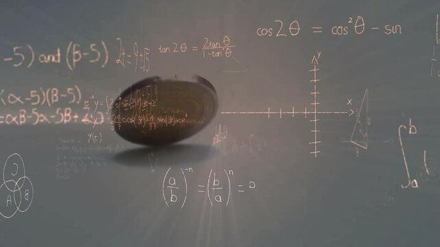 Upward flicking coin flipping and spinning against chalkboard, wobbling landing showing momentum - Powered by Adobe