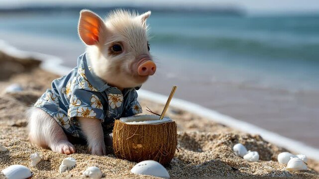 Cute pig in a floral shirt enjoys coconut drink on sandy beach near ocean waves during sunny day
