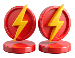Pair of 3D Lightning Bolt Icons with Glossy Red Round Bases, isolated on transparent background