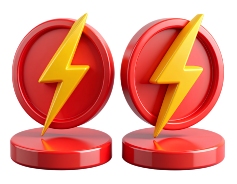 Pair of 3D Lightning Bolt Icons with Glossy Red Round Bases, isolated on transparent background