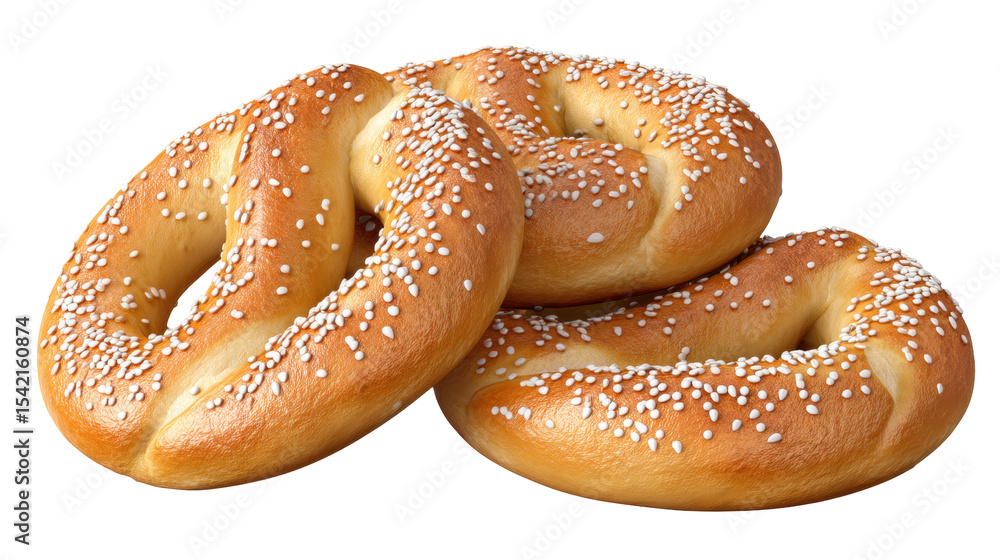 Poster soft pretzel isolated on transparent background with sesame seed topping in close up view