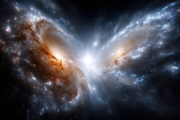 Fototapeta premium Cosmic collision of galaxies showing swirling clouds of gas and vibrant colors in space