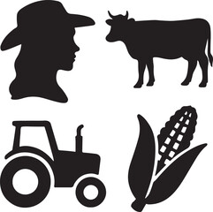 Farm Icons &ndash; Farmer, Tractor, Cow, Corn &ndash; Silhouettes for Agricultural Branding, Country Decor, and Rural-Themed Design Projects