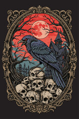 Mystical Raven Surrounded By Skulls And Mystic Forest Under Full Moon
