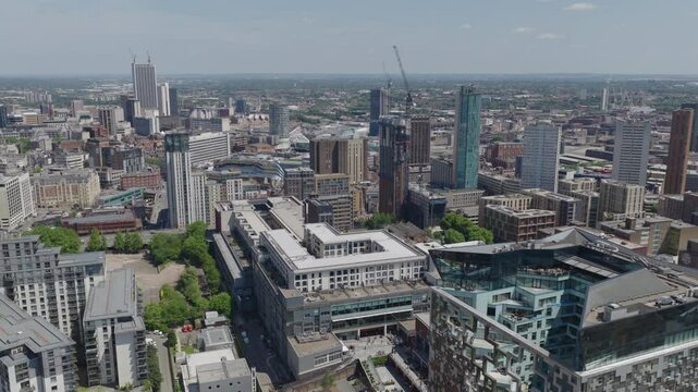 Establishing aerial view of the skyline of Birmingham, city in England, United Kingdom.