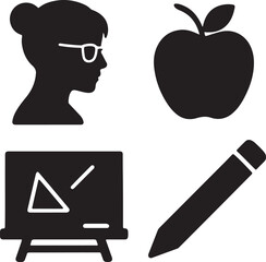 Online education icon set. Containing teacher avatar, school blackboard, apple, and textbook symbols. E-learning and digital education icons. Solid icon collection.