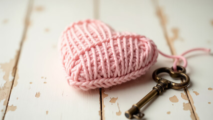 Pink yarn heart with antique key on white wood background