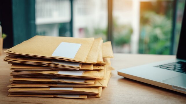 Neat stack of brown envelopes with white labels on a light wooden desk, ready for mailing or sorting, silver laptop with black keyboard nearby, blurred window view of greenery and structures