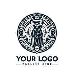 A stylized logo featuring the Grim Reaper, surrounded by decorative elements and a circular frame.