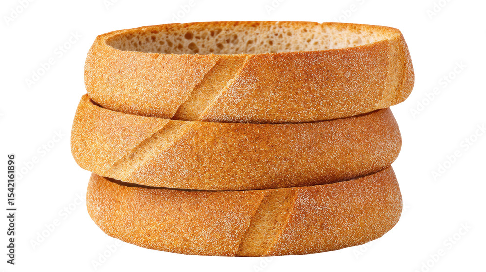 Poster bread crust isolated on transparent background with three stacked round pieces
