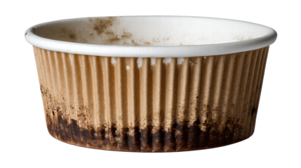 Used paper cup isolated on transparent background with coffee stains