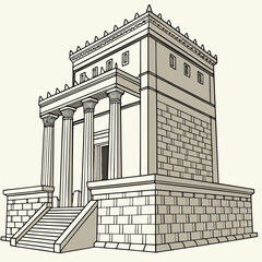 An ancient stone rendering of Solomon's Temple with columns and walls