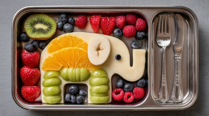 Fun and nutritious lunchbox idea for kids: a fruit elephant made of fresh ingredients. A colorful and engaging way to promote healthy eating habits
