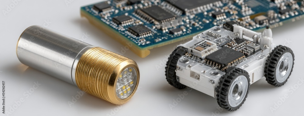 Poster small robot with wheels and vision sensors positioned beside a blue camera on a white backdrop showi