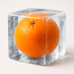 orange in ice cube on beige background