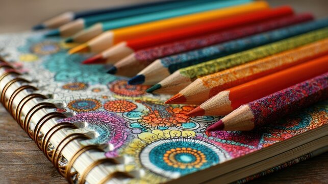 Vibrant Colored Pencils Resting on a Colorful Adult Coloring Book - Powered by Adobe