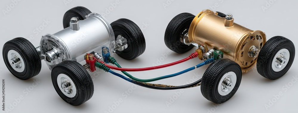 Poster small robot with wheels and vision sensors positioned beside a blue camera on a white backdrop showi