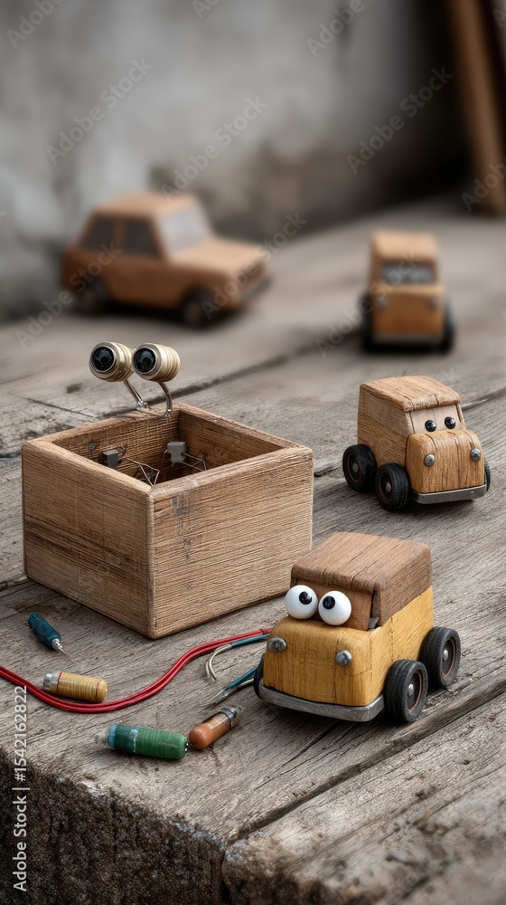 Poster small robot with wheels and vision sensors positioned beside a blue camera on a white backdrop showi
