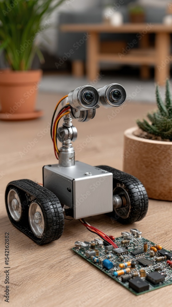 Poster small robot with wheels and vision sensors positioned beside a blue camera on a white backdrop showi
