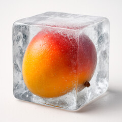 mango in ice cube on beige background