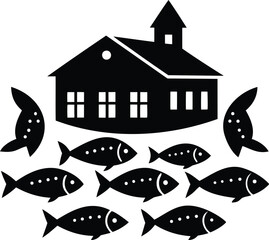 House on a foundation of fish shapes a whimsical black and white image