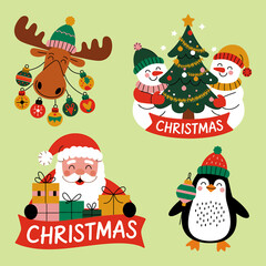 Christmas Holiday Cute Characters Vector Illustration Set