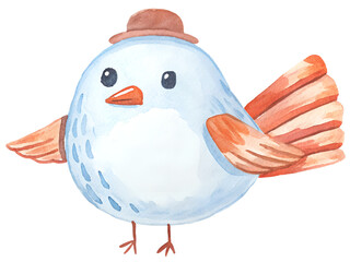 Watercolor bird with hat illustration for newborn boy on transparent background.
