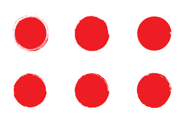 Set of red grunge circles. Stamp with jagged edges. Japanese sun isolated on white background.