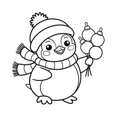 Christmas Penguin Holding Ornaments Outline - Winter Holiday Cartoon