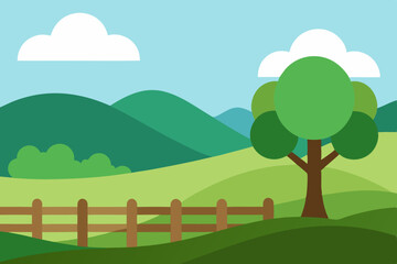Fototapeta premium Peaceful Countryside Landscape with Rolling Hills and Wooden Fence