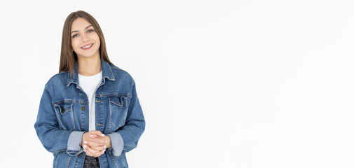 Close-up portrait of young woman casual portrait in positive view, big smile, beautiful model posing in studio over white background.