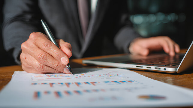Close-up of man reviewing graphs, diagrams with pen near laptop. Financial analyst examines business reports, performance analysis, investment data, company sales statistics. Manager plans project, St