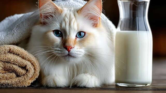 Fluffy white cat with blue eyes relaxes under a towel beside a glass of milk at a cozy home setting