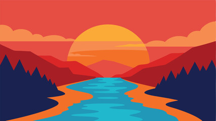sunset river background landscape illustration