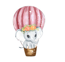 Baby Elephant with Flower Crown in Hot Air Balloon