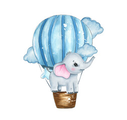 Cute Baby Elephant in Hot Air Balloon Watercolor