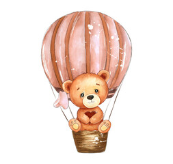 Cute Teddy Bear in Hot Air Balloon Watercolor