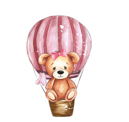 Cute Teddy Bear in Hot Air Balloon Watercolor
