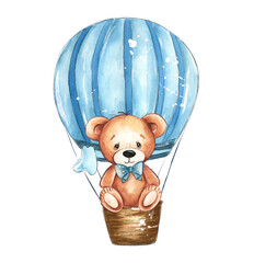 Cute Teddy Bear in Blue Hot Air Balloon Watercolor