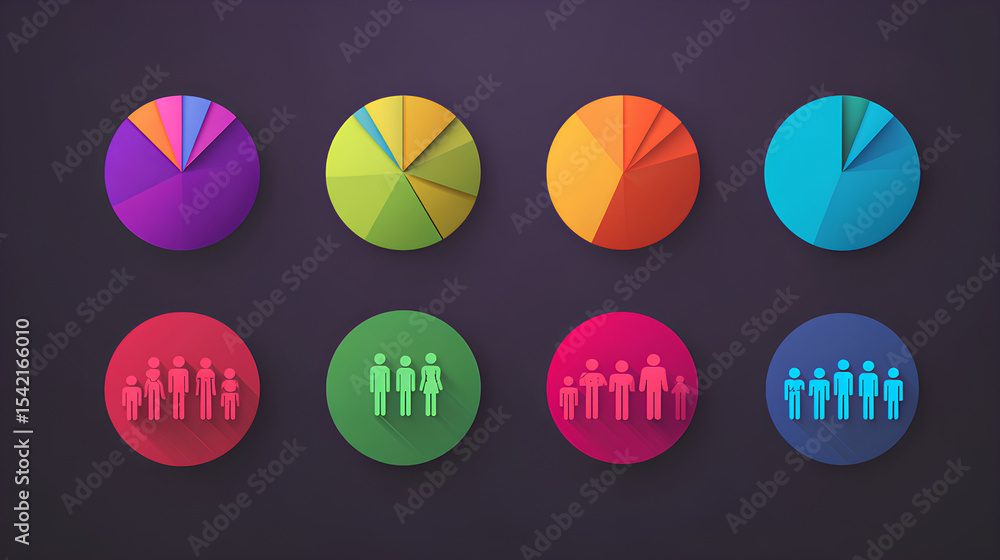 Poster colorful pie charts display market segmentation analysis. demographic icons represent various custom