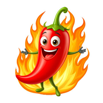 Red devious extremely hot cartoon chili pepper character on fire isolated on transparent background.