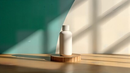 Fototapeta premium A sleek, minimalistic product mockup featuring a stylish, abstract bottle design on a polished wooden surface. The background is an elegant gradient subtly transitioning from deep teal to soft cream, 