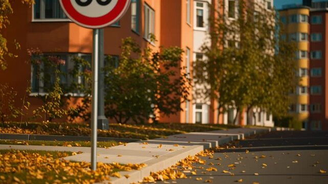 A traffic sign marking a 30 km/h limit is positioned near a residential zone, emphasizing safety during the autumn season.
