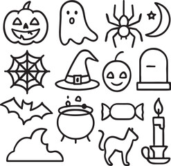 Halloween Icons &ndash; Jack-o&rsquo;-Lantern, Ghost, Witch Hat, Spider, Web, Bat, Bone, Cauldron, Moon, Candy, Tombstone &ndash; Clean Silhouettes for Scary Season Graphics